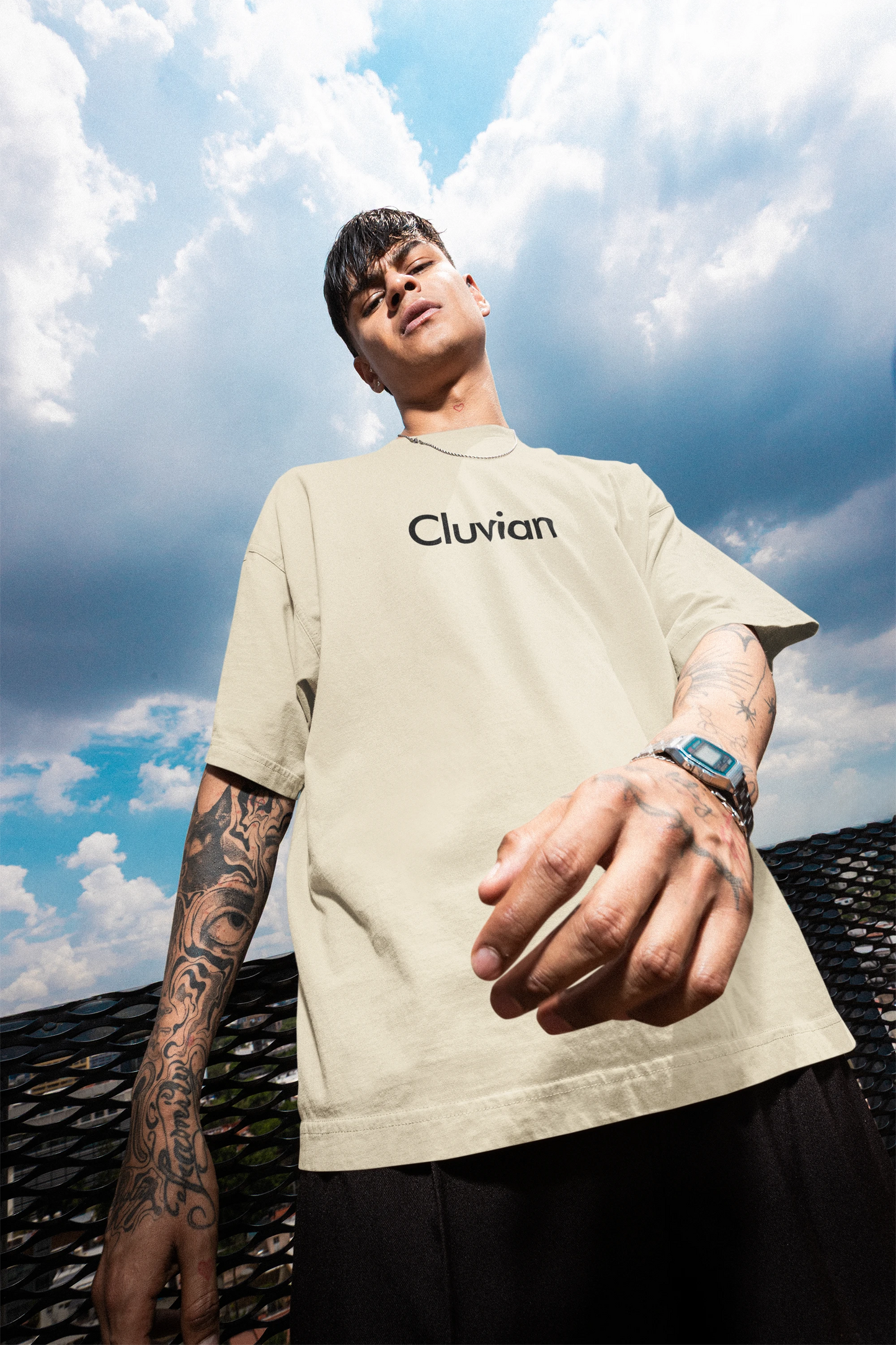 Cluvian Urban City Core Graphic Oversized Tee – Cream