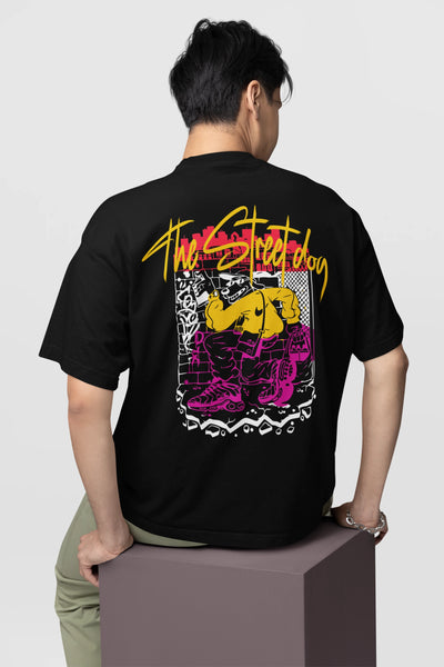 Cluvian Street Dog Graphic Oversized T-Shirt – Black